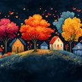 Whimsical Autumn Village at Night Mural Wallpaper Storybook Landscape Mural Wallpaper - room preview 02