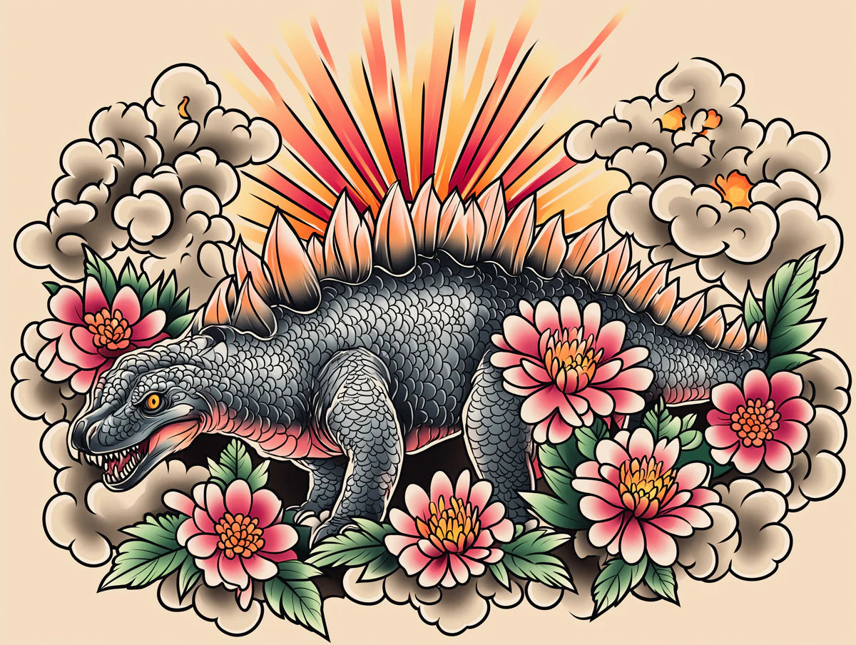 Stegosaurus Floral Neo-Traditional Mural Wallpaper - room preview 02