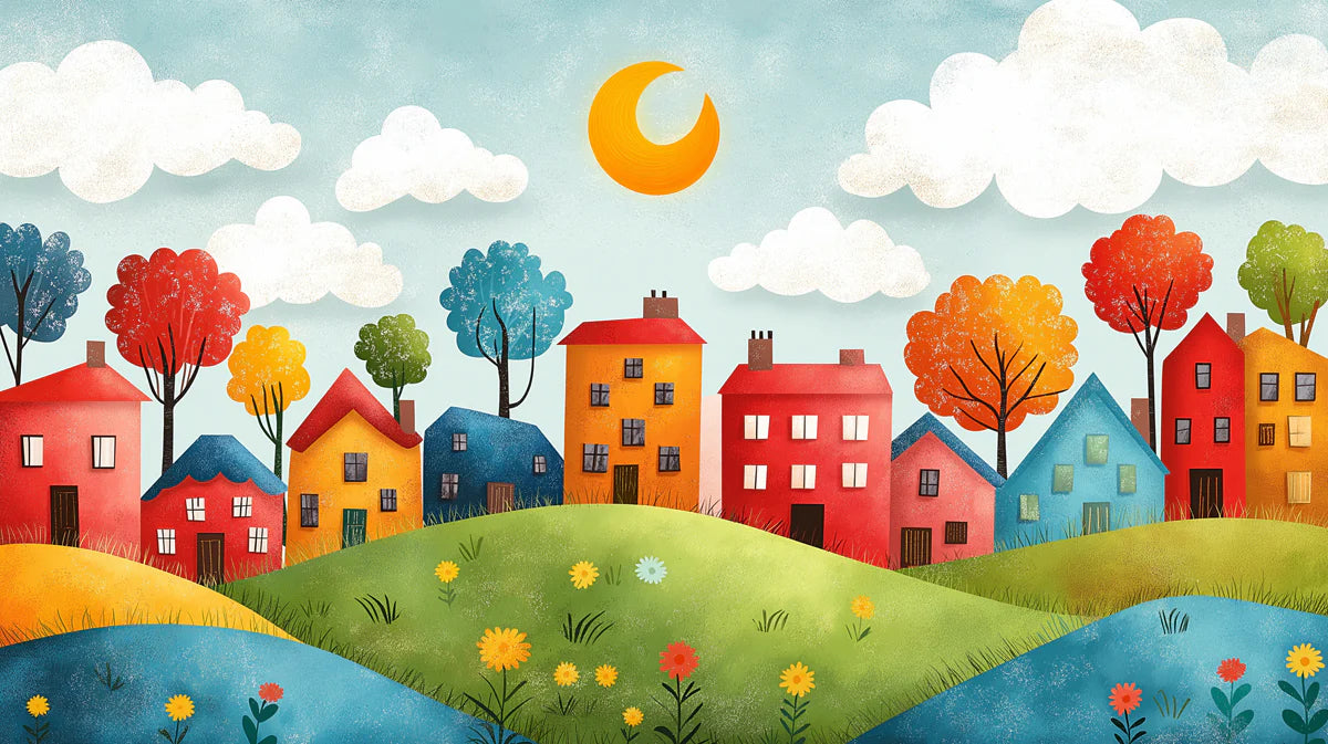Colorful Village Landscape Mural Wallpaper — Whimsical Townscape Mural Wallpaper - room preview 02