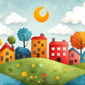Colorful Village Landscape Mural Wallpaper — Whimsical Townscape Mural Wallpaper - room preview 02