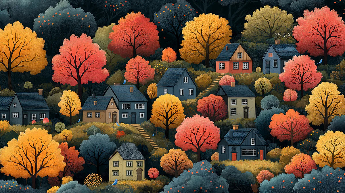 Cozy Autumn Village on a Hillside Mural Wallpaper Whimsical Fall Scene Mural Wallpaper - room preview 02