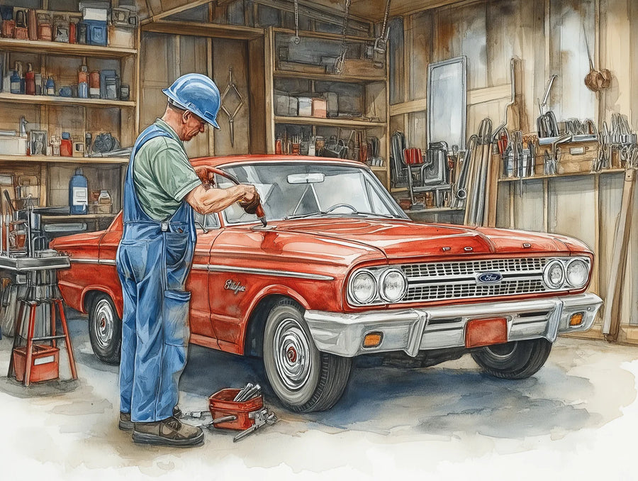 Painted Mural Wallpaper – Illustration Wall Mural – Vintage Car Mechanic Workshop — Artistic Illustration printable artwork
