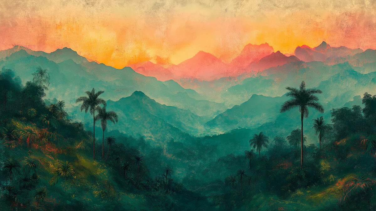 Layered Tropical Mountains at Sunset Mural Wallpaper Abstract Scenic Art Mural Wallpaper - room preview 02