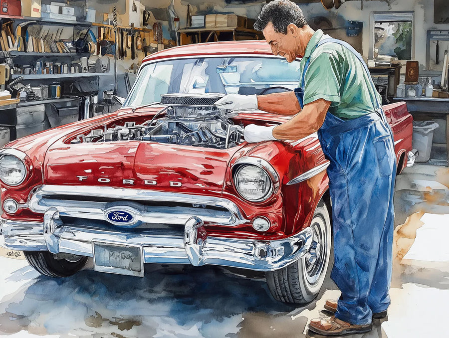 Tapete Wandbild Werkstatt Oldtimer-Mechaniker printable artwork