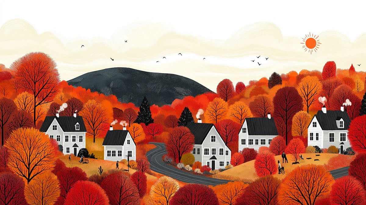 Autumn Village Forest Mural Wallpaper — Whimsical Fall Landscape Mural Wallpaper - room preview 02