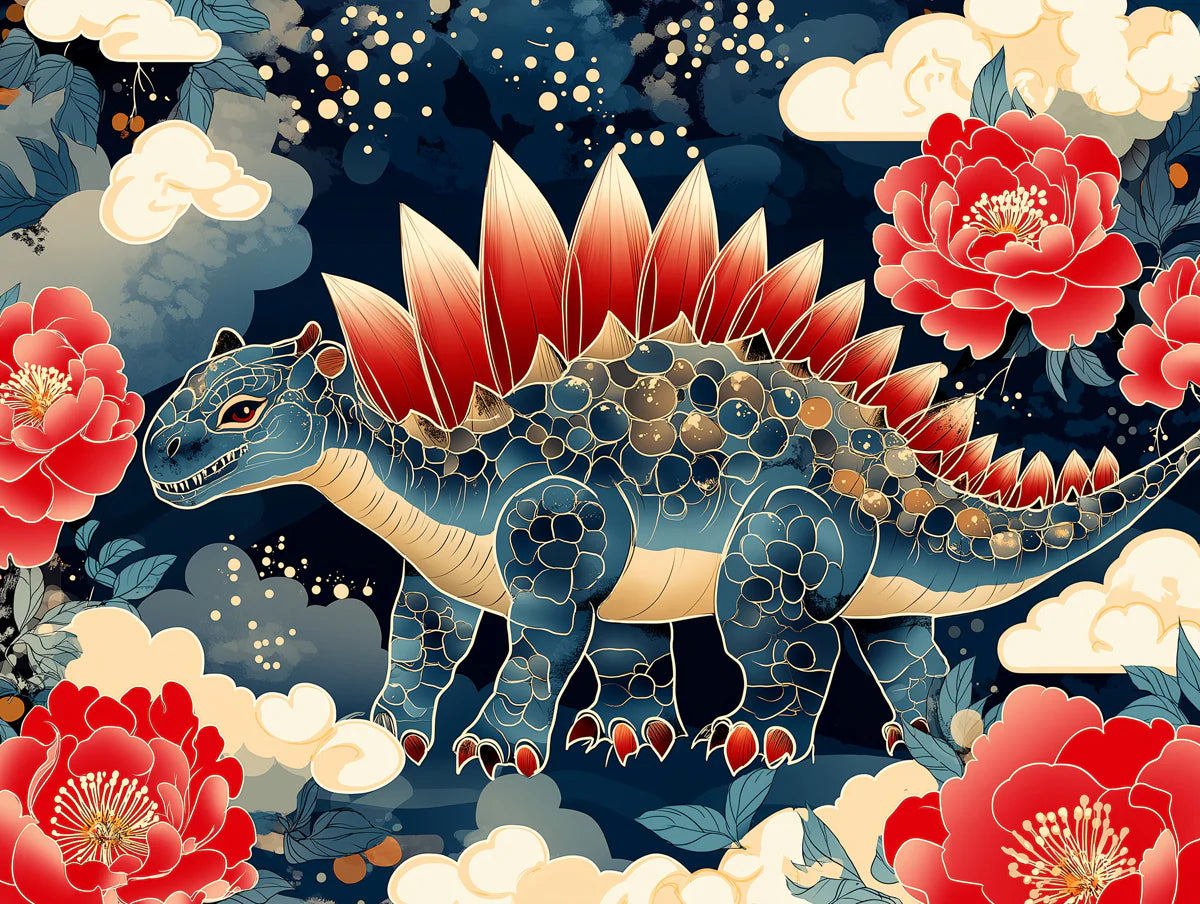 Stegosaurus Floral Night Mural Wallpaper — Whimsical Fantasy Mural Wallpaper - room preview 02