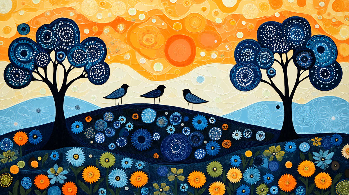 Folk Art Landscape Mural Wallpaper with Blue Trees and Birds Mural Wallpaper - room preview 02
