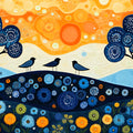 Folk Art Landscape Mural Wallpaper with Blue Trees and Birds Mural Wallpaper - room preview 02
