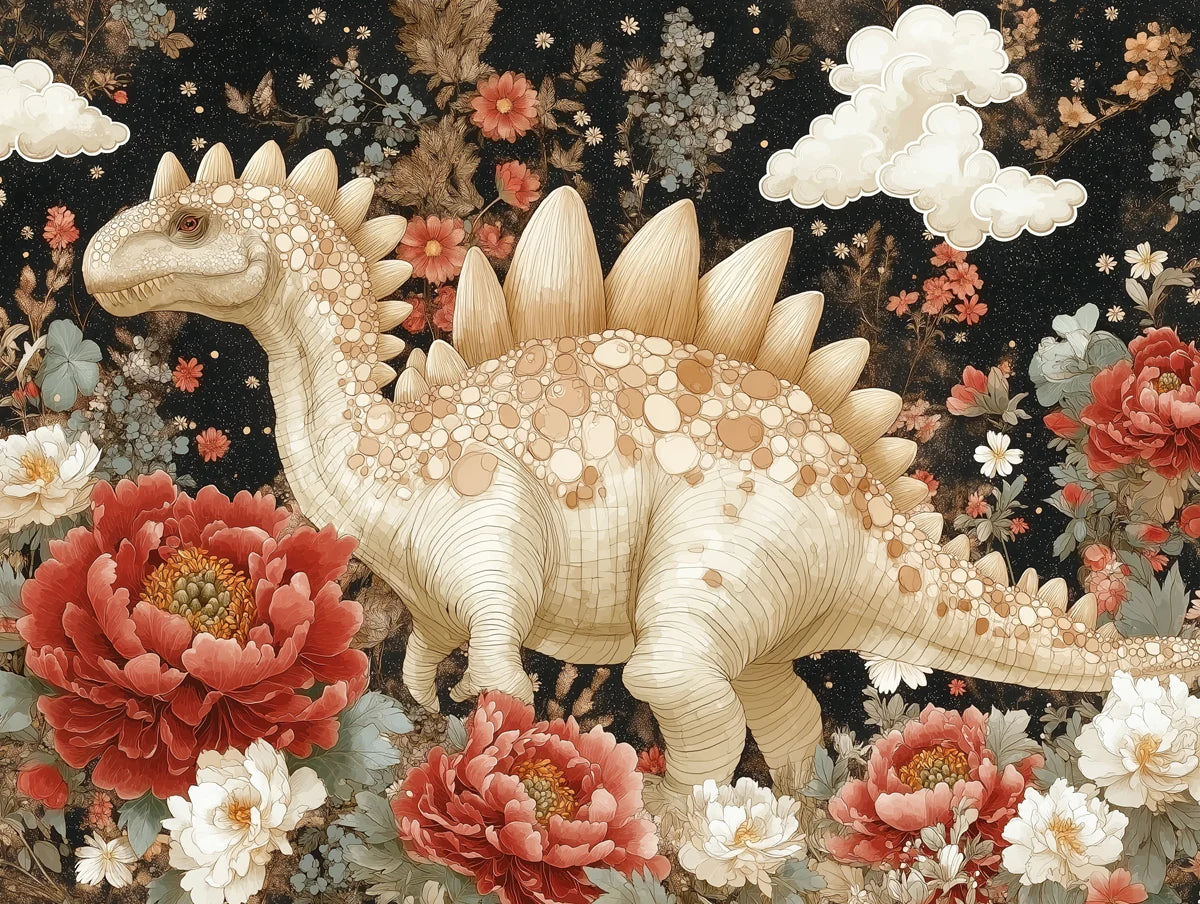 Stegosaurus Floral Garden Mural Wallpaper — Whimsical Vintage Art Mural Wallpaper - room preview 02