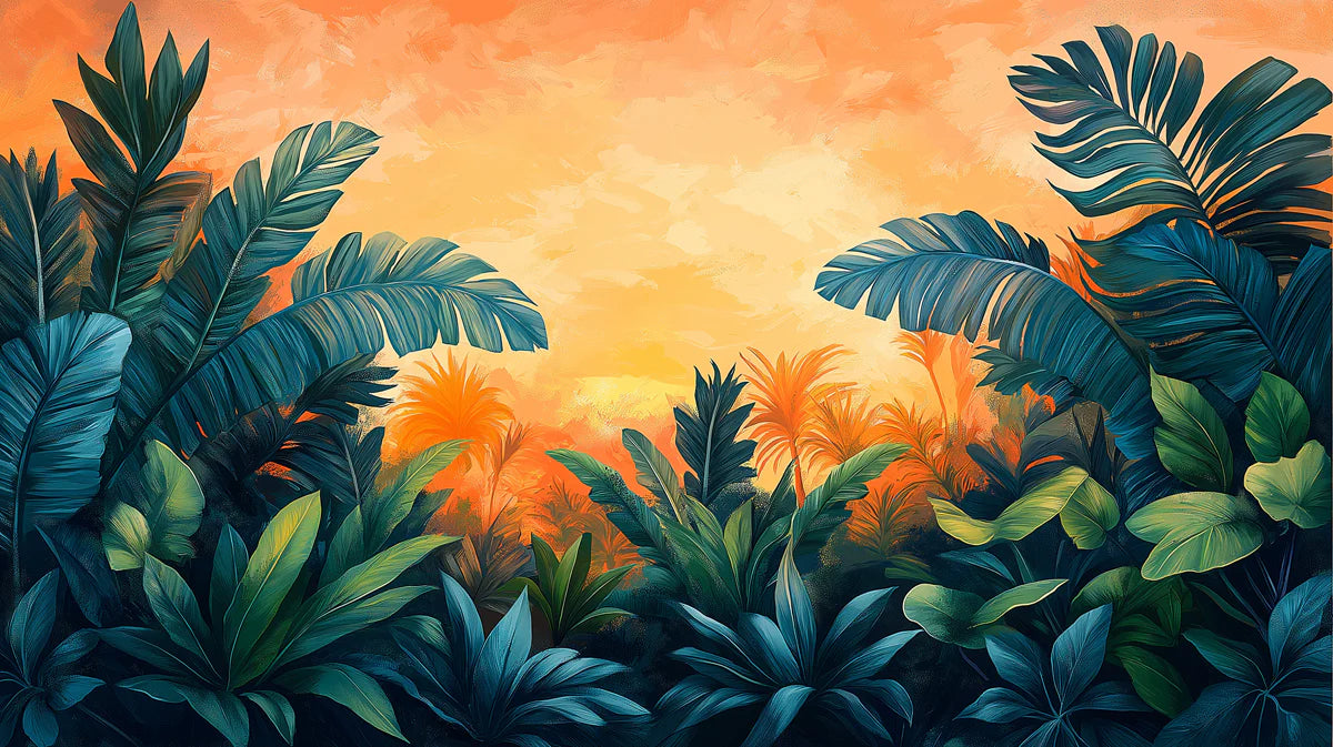 Abstract Tropical Foliage at Sunset Mural Wallpaper Colorful and Modern Art Mural Wallpaper - room preview 02
