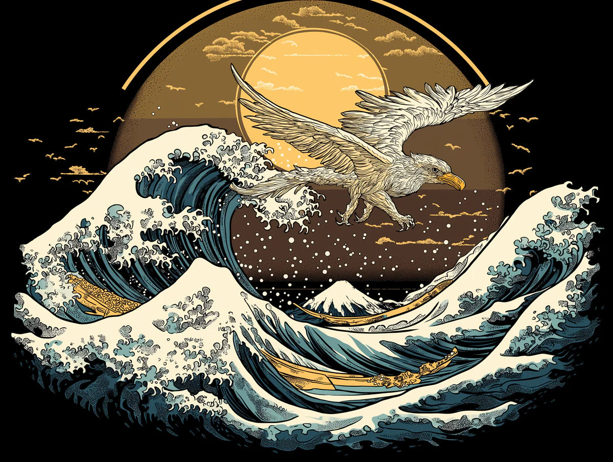 Japanese Eagle and Wave Ukiyo-e Mural Wallpaper - room preview 02