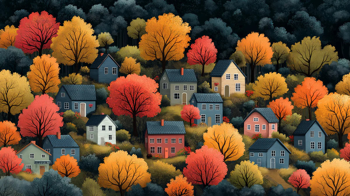 Autumn Village in a Forest Landscape Mural Wallpaper Cozy Fall Scene Mural Wallpaper - room preview 02