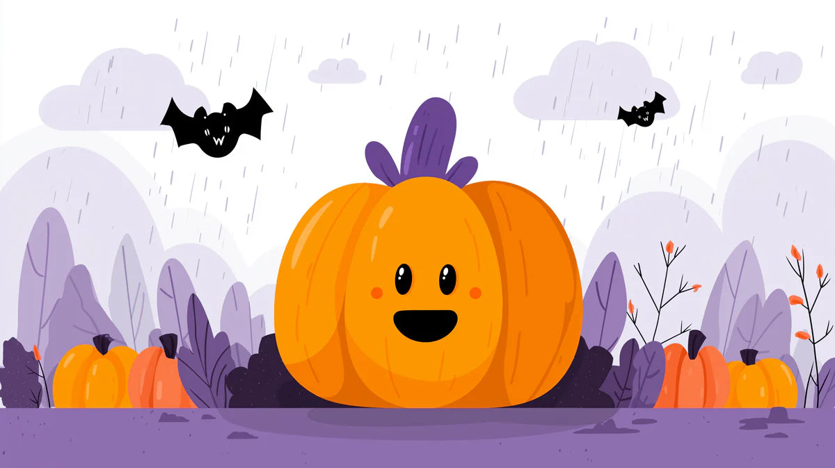 Happy Pumpkin Rainy Day Mural Wallpaper — Whimsical Autumn Scene Mural Wallpaper - room preview 02