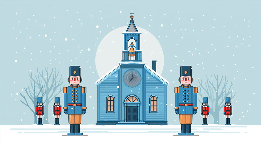 Winterkirche und Spielzeugsoldat Wandtapete — Stimmungsvolle Szenerie Wandtapete printable artwork