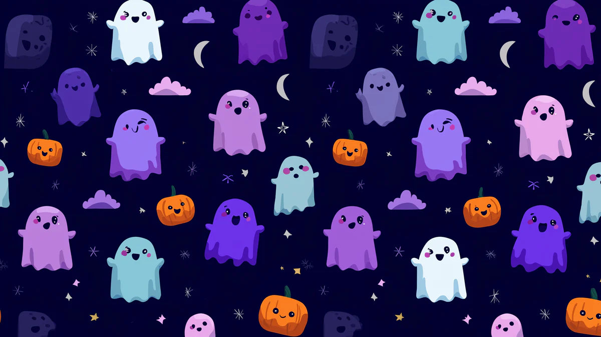Floating Pastel Ghost Mural Wallpaper — Whimsical Night Sky Pattern Mural Wallpaper - room preview 02