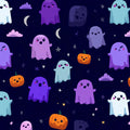 Floating Pastel Ghost Mural Wallpaper — Whimsical Night Sky Pattern Mural Wallpaper - room preview 02
