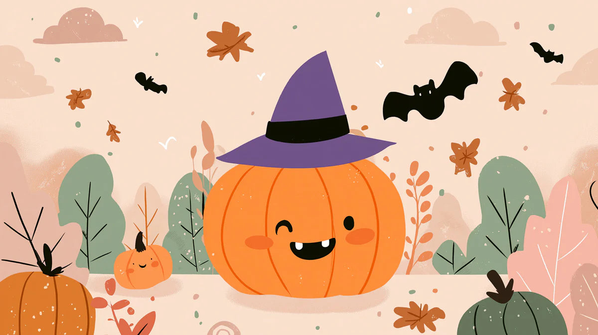 Smiling Pumpkin Witch Mural Wallpaper — Whimsical Autumn Design Mural Wallpaper - room preview 02