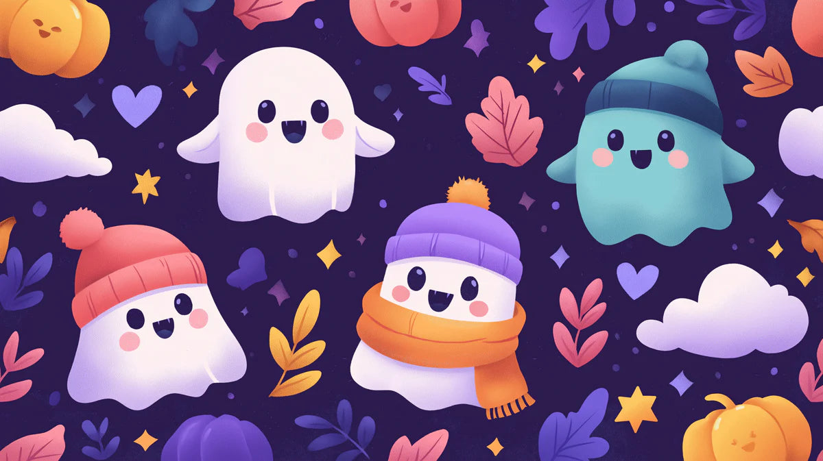 Cozy Autumn Ghost Pattern Mural Wallpaper — Whimsical Fall Decor Mural Wallpaper - room preview 02