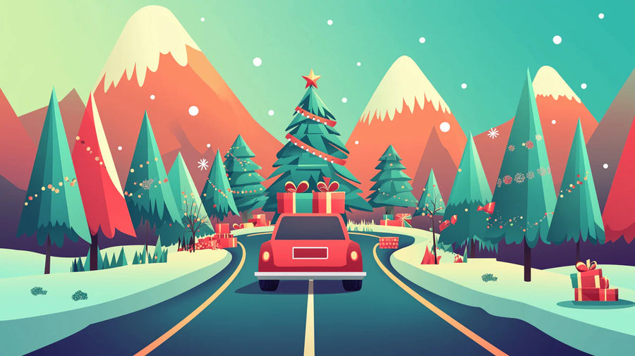 Papier Peint Mural Route de Montagne de Noël — Papier Peint Mural Illustration Festive Hivernale printable artwork
