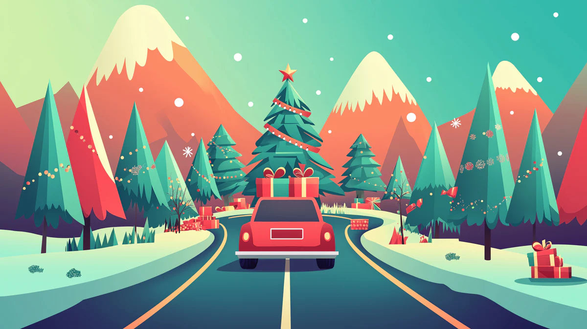 Holiday Mountain Drive Mural Wallpaper — Festive Winter Illustration Mural Wallpaper - room preview 02