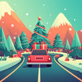 Holiday Mountain Drive Mural Wallpaper — Festive Winter Illustration Mural Wallpaper - room preview 02