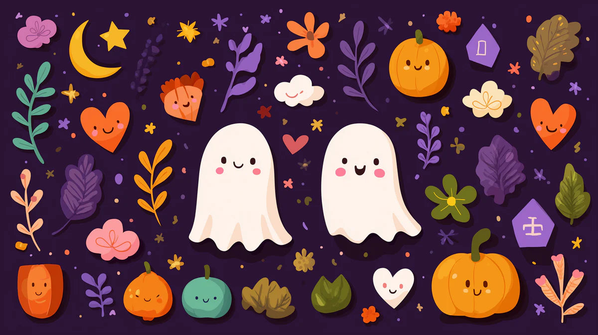 Friendly Ghost and Pumpkin Mural Wallpaper — Whimsical Autumn Decor Mural Wallpaper - room preview 02