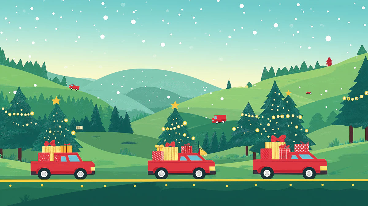 Vintage Holiday Road Trip Mural Wallpaper — Festive Festive Scene Mural Wallpaper - room preview 02