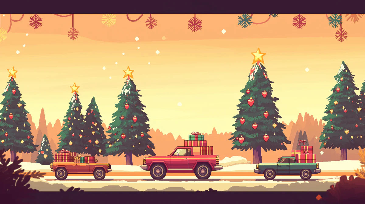 Pixel Art Holiday Convoy Mural Wallpaper — Festive Seasonal Decor Mural Wallpaper - room preview 02