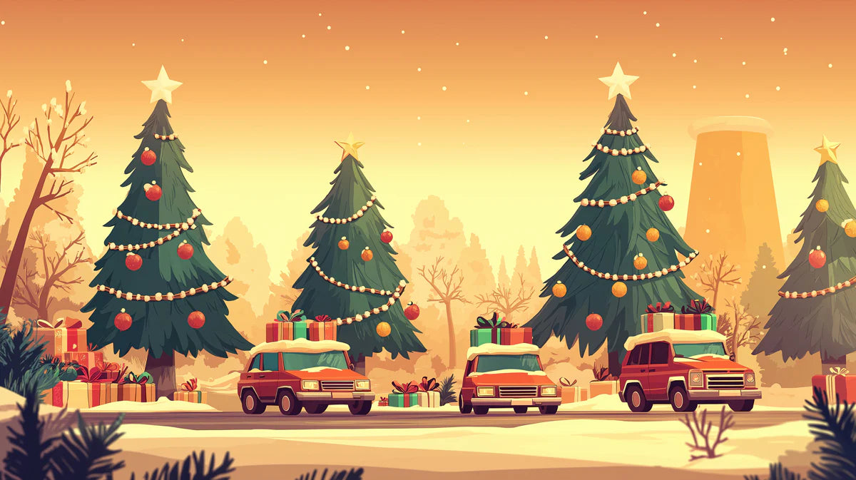 Holiday Road Trip Mural Wallpaper — Festive Winter Scene Illustration Mural Wallpaper - room preview 02