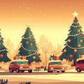 Holiday Road Trip Mural Wallpaper — Festive Winter Scene Illustration Mural Wallpaper - room preview 02