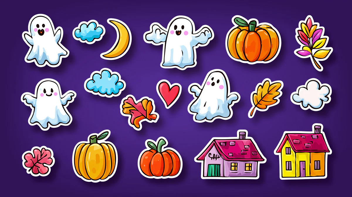 Playful Halloween Sticker Mural Wallpaper in Vibrant Purple Mural Wallpaper - room preview 02