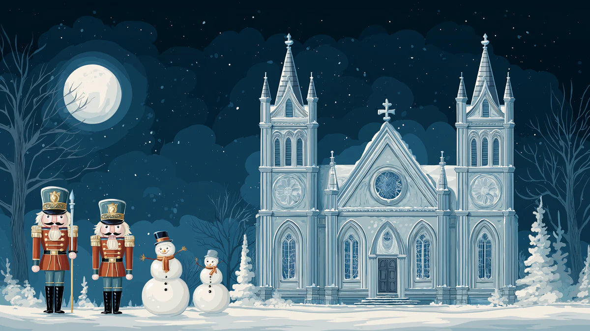 Winter Cathedral Holiday Mural Wallpaper — Whimsical Night Scene Mural Wallpaper - room preview 02