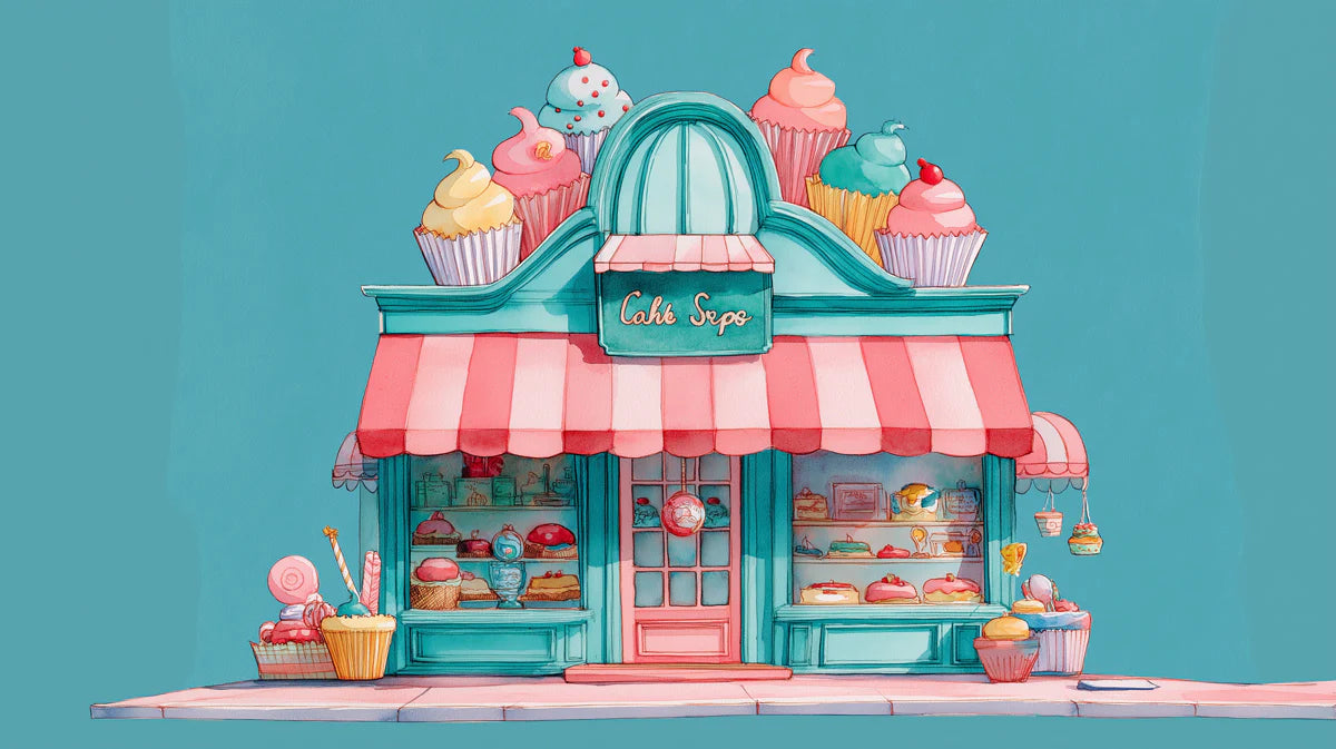 Whimsical Cake Shop Exterior Mural Wallpaper in Pastel Tones Mural Wallpaper - room preview 02