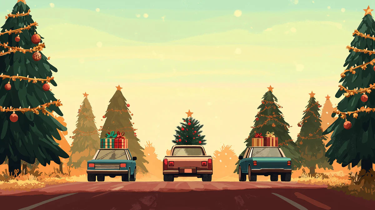 Vintage Holiday Road Trip Mural Wallpaper — Nostalgic Winter Scene Mural Wallpaper - room preview 02