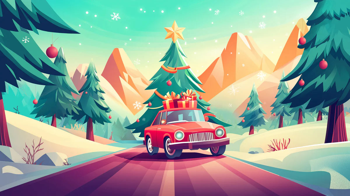 Vintage Christmas Car Mural Wallpaper — Whimsical Holiday Scene Mural Wallpaper - room preview 02