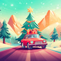 Vintage Christmas Car Mural Wallpaper — Whimsical Holiday Scene Mural Wallpaper - room preview 02