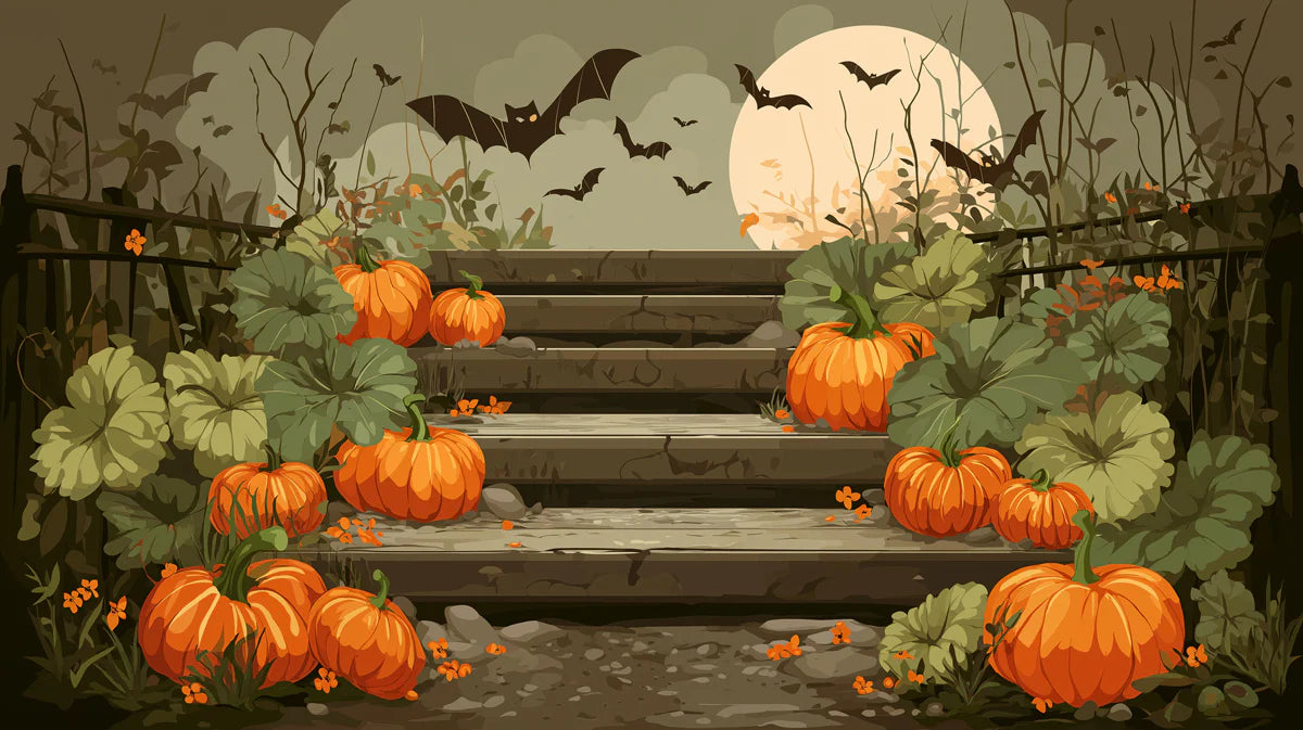 Autumn Pumpkin Staircase Mural Wallpaper — Vintage Night Scene Mural Wallpaper - room preview 02