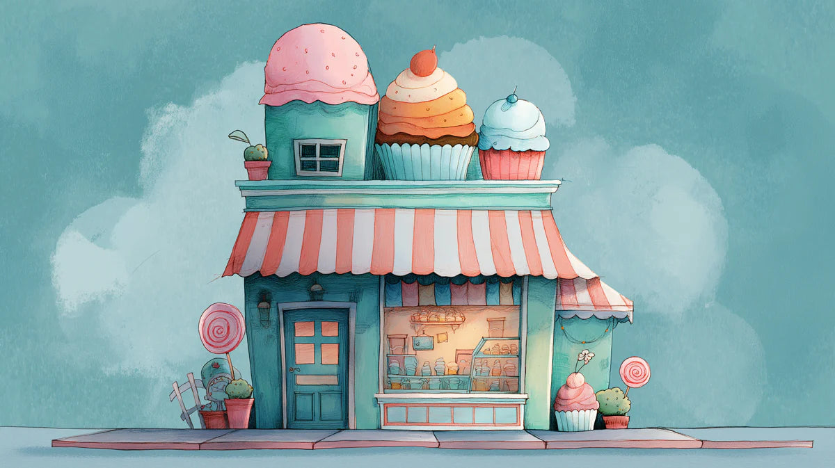 Whimsical Cupcake Shop Mural Wallpaper — Pastel Boutique Scene Mural Wallpaper - room preview 02