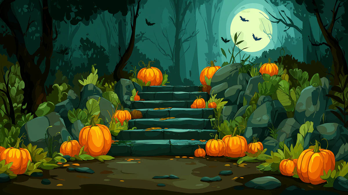 Moonlit Pumpkin Staircase Mural Wallpaper — Moody Forest Scene Mural Wallpaper - room preview 02