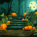 Moonlit Pumpkin Staircase Mural Wallpaper — Moody Forest Scene Mural Wallpaper - room preview 02