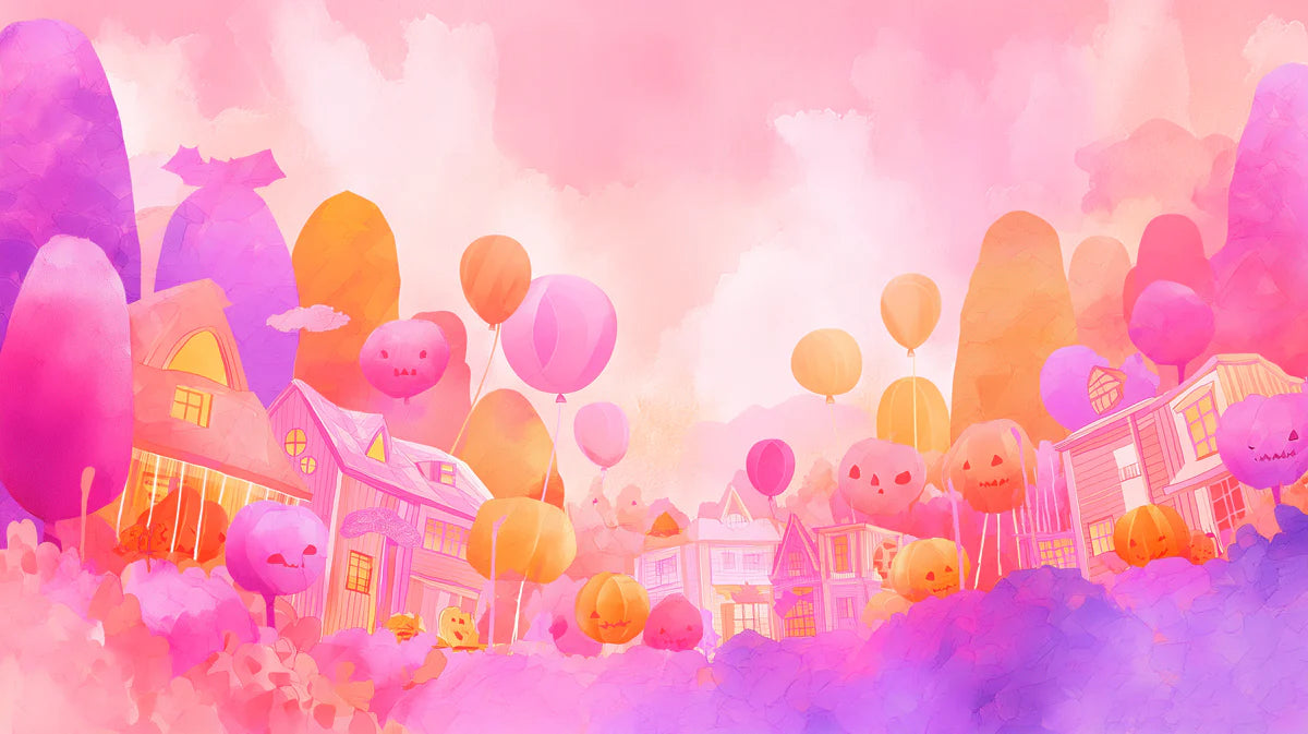 Pastel Halloween Village Mural Wallpaper — Whimsical Townscape Mural Wallpaper - room preview 02