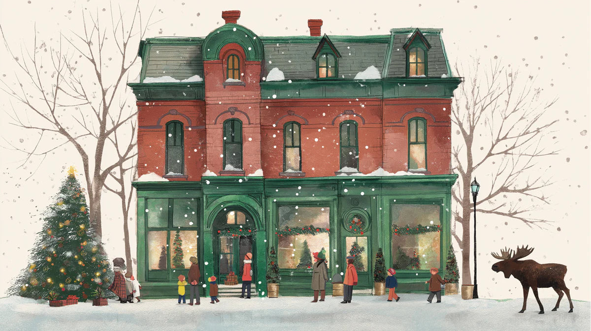 Snowy Holiday Townhouse Mural Wallpaper — Festive Winter Scene Mural Wallpaper - room preview 02