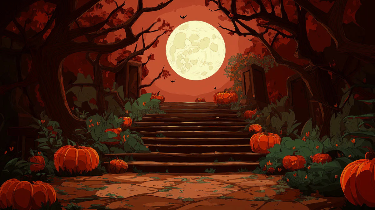 Full Moon Pumpkin Stairway Mural Wallpaper — Gothic Halloween Scene Mural Wallpaper - room preview 02