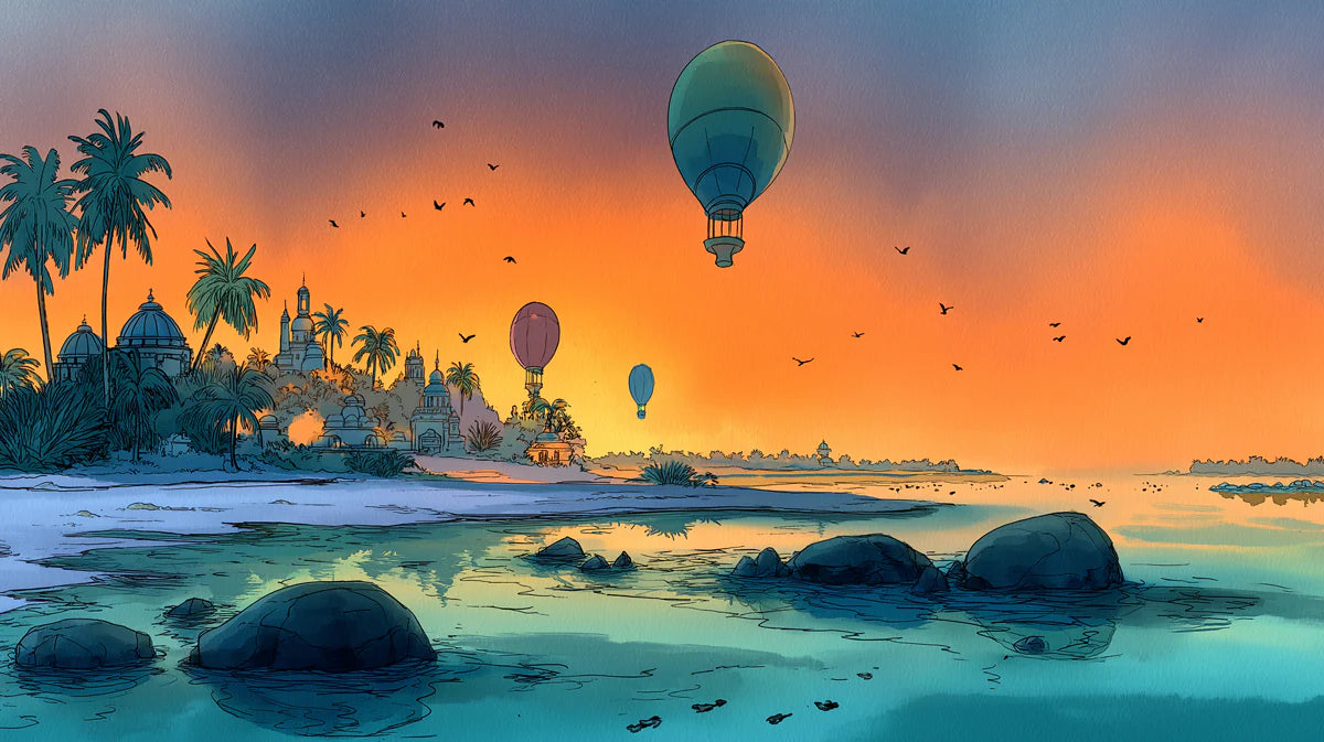 Tropical Island Horizon Mural Wallpaper — Illustrated Sunset Scenery Mural Wallpaper - room preview 02