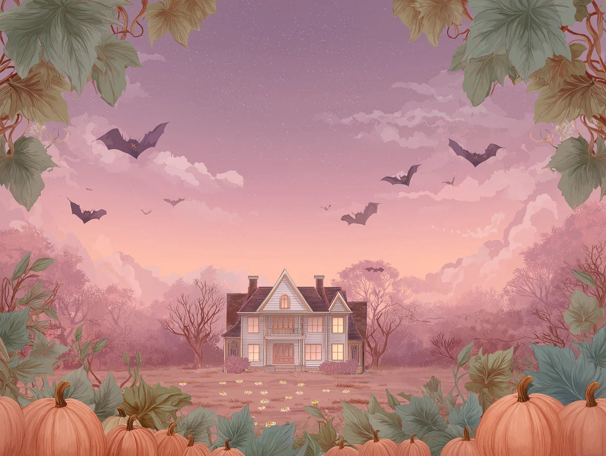 Haunted Manor Sunset Mural Wallpaper — Whimsical Autumnal Scene Mural Wallpaper - room preview 02