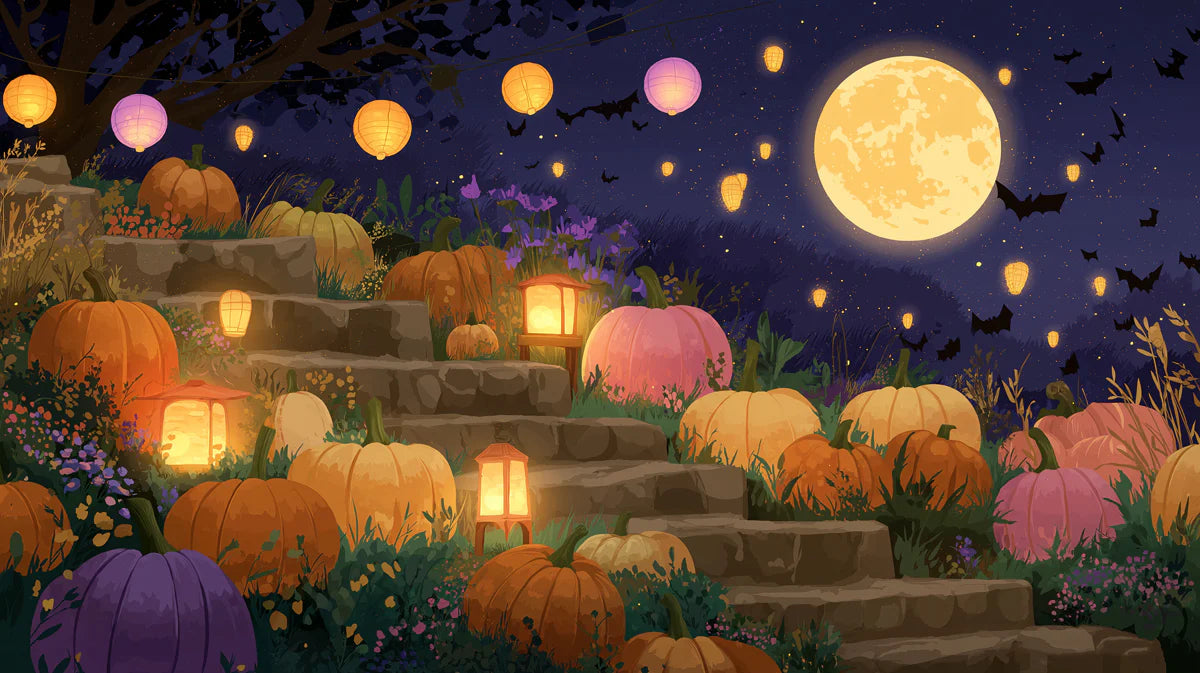 Pumpkin Lantern Garden Mural Wallpaper — Whimsical Night Scene Mural Wallpaper - room preview 02