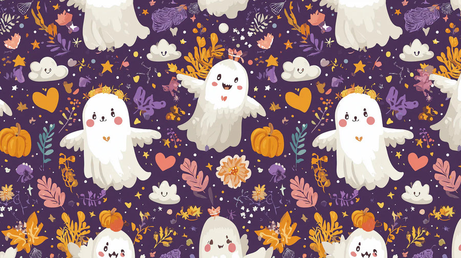 Kids Room Wallpaper Mural – Children Wall Mural – Whimsical Ghost Friends — Playful Halloween Decor printable artwork