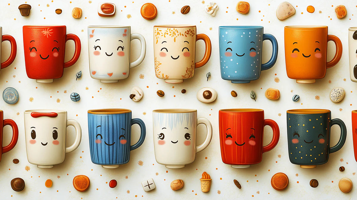 Smiling Coffee Mugs Mural Wallpaper — Whimsical Kitchen Decor Mural Wallpaper - room preview 02