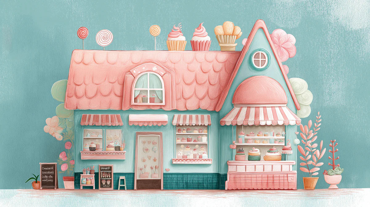 Pastel Sweet Shop Mural Wallpaper — Whimsical Confectionery Scene Mural Wallpaper - room preview 02