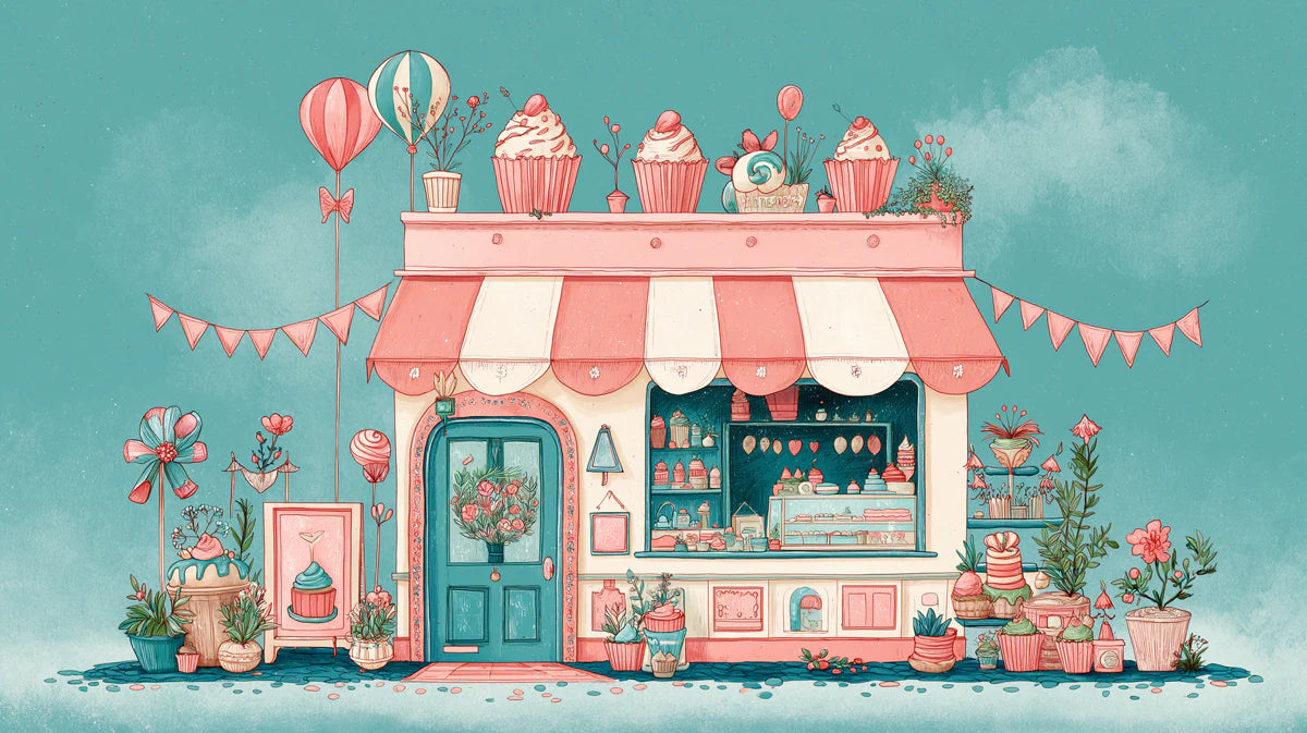 Pastel Confectionery Boutique Mural Wallpaper — Whimsical Shop Design Mural Wallpaper - room preview 02
